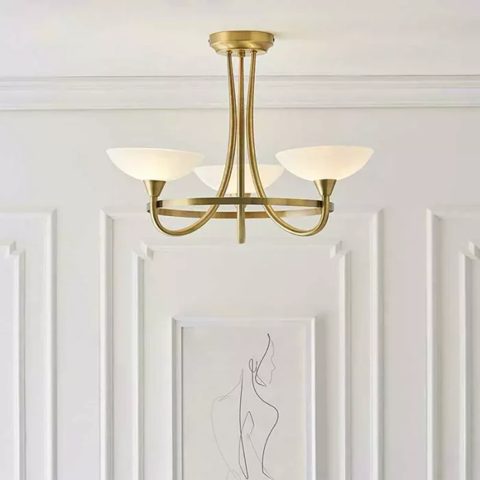 Semi Flush Pendant Light in Antique Brass White Shades
