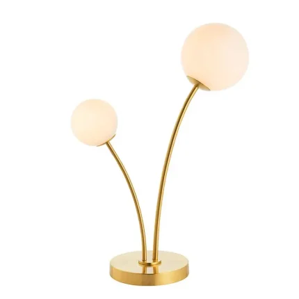 Table lamp in brushed gold finish with white glass shades