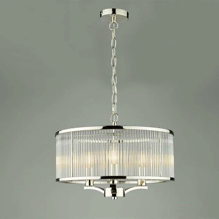 Polished Nickel Rodded Drum Glass Pendant Light