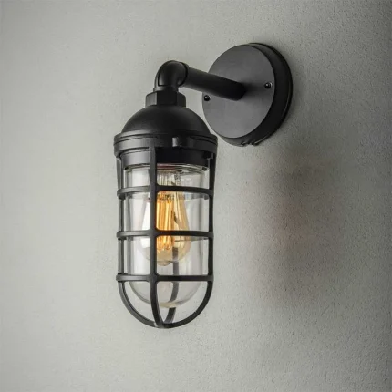 Black Cage Clear Glass Outdoor Wall Light