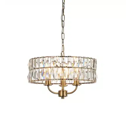 3 light pendant light in antique brass finish with clear glass