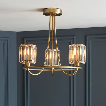 3 light semi flush pendant ceiling light in antique brass finish