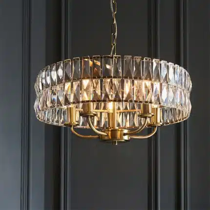 5 light pendant light in antique brass finish with clear glass