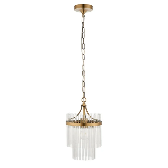 Pendant light in antique brass finish with clear glass rods