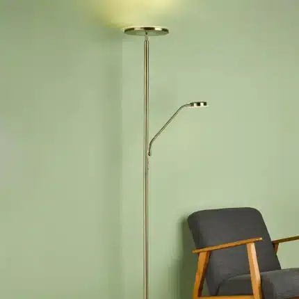 LED mother & child floor lamp in antique brass finish with dimmable uplight and reading light