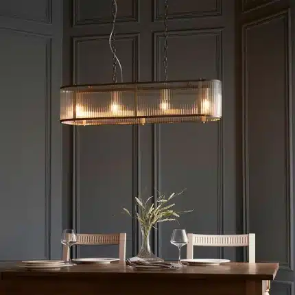 Antique Brass Ribbed Glass Linear Pendant Light