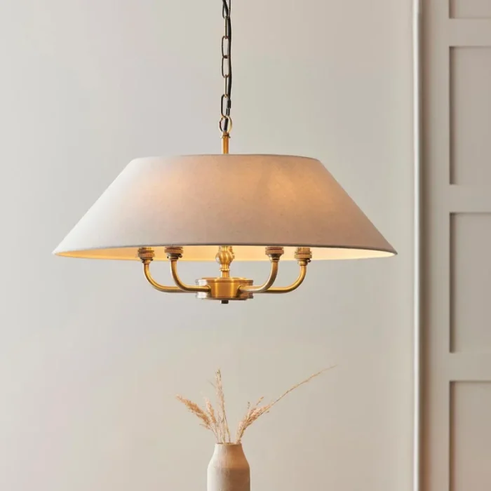 Antique Brass Pendant Light With Natural Linen Shade