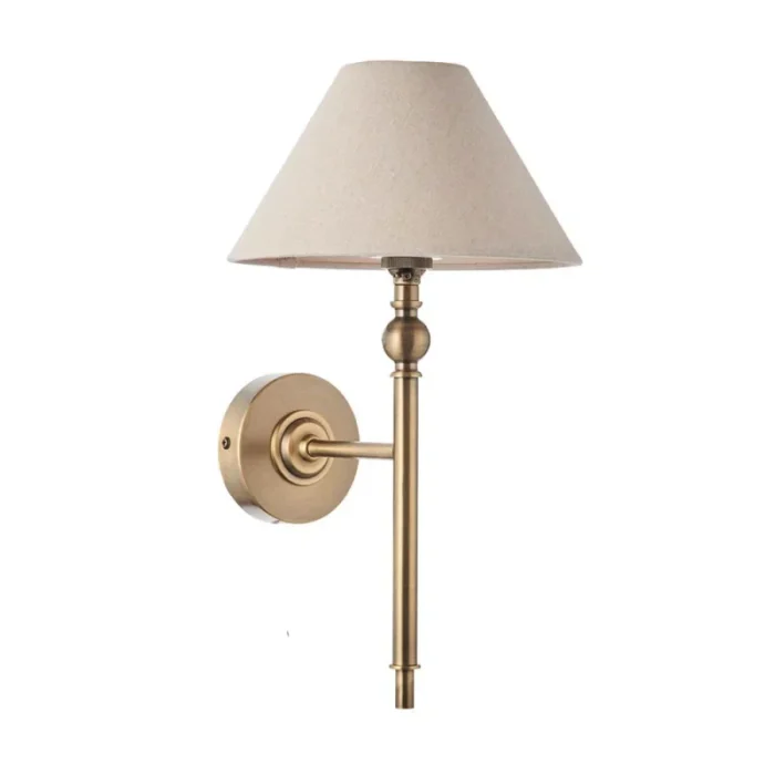Antique Brass Wall Light With Natural Linen Shade