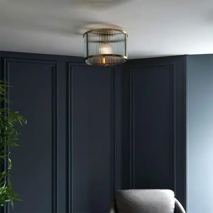 Flush ceiling pendant light antique brass with ribbed glass in hallway