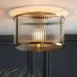 Flush ceiling pendant light antique brass with ribbed glass Lifestyle