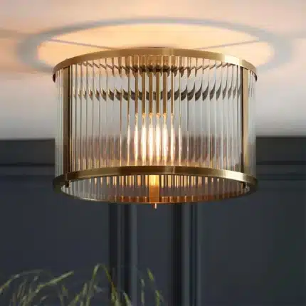 Flush ceiling pendant light antique brass with ribbed glass Lifestyle