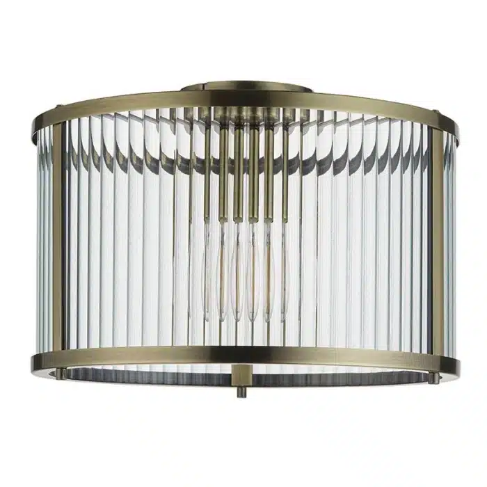 Flush ceiling pendant light antique brass with ribbed glass non lit