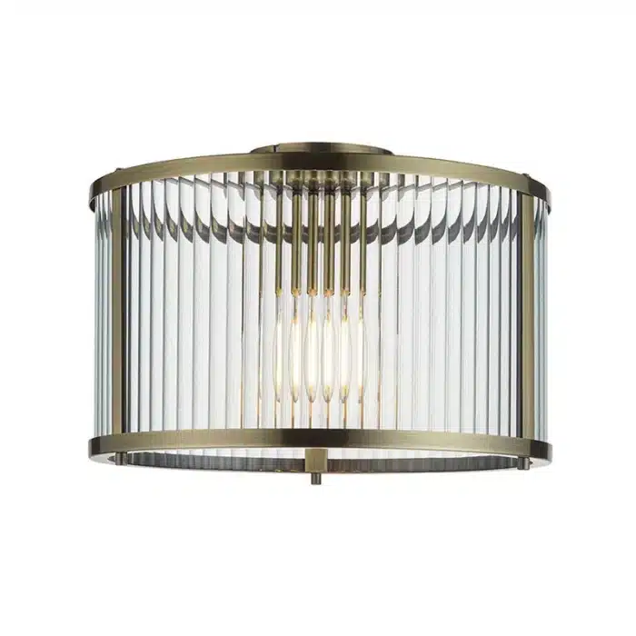 Flush ceiling pendant light antique brass with ribbed glass product image