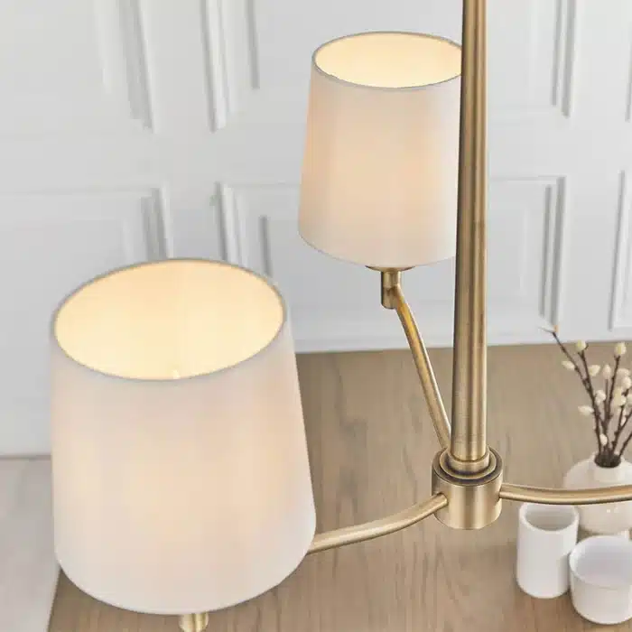 Matt antique brass pendant light vintage white shades angle