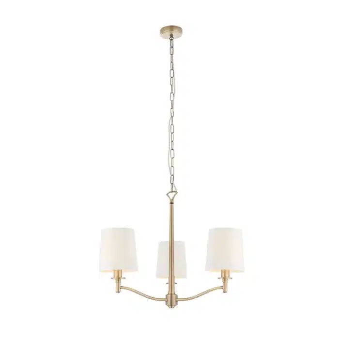 Matt antique brass pendant light with vintage white shades full view