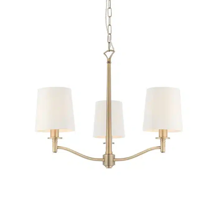 Matt antique brass pendant light with vintage white shades
