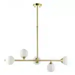 Satin brass linear pendant light with gloss opal glass shades non lit