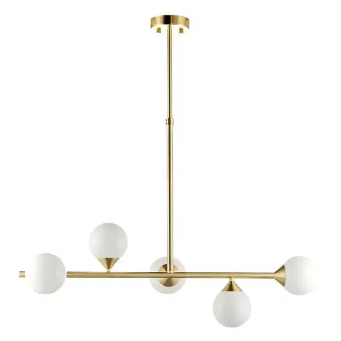 Satin brass linear pendant light with gloss opal glass shades non lit