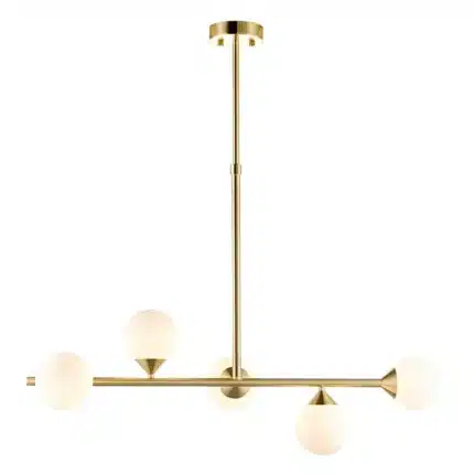 Satin brass linear pendant light with gloss opal glass shades product image