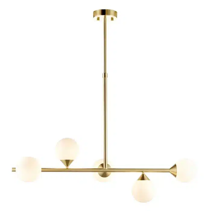 Satin brass linear pendant light with gloss opal glass shades product image