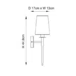 Satin brass wall light with vintage white fabric shade dimensions