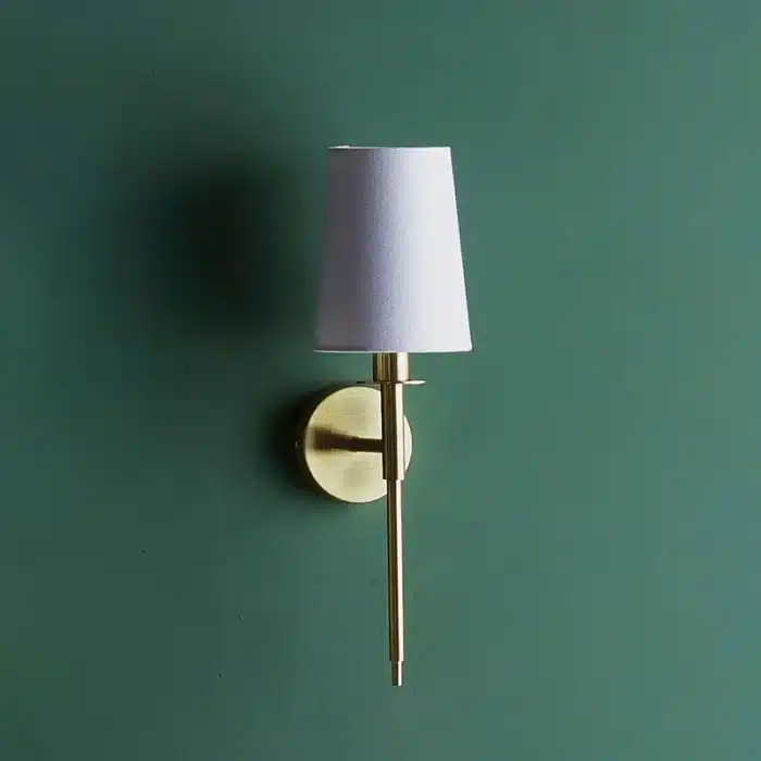 Satin brass wall light with vintage white fabric shade non lit