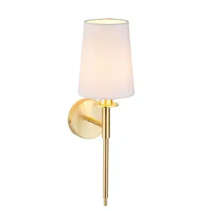 Satin brass wall light with vintage white fabric shade product image