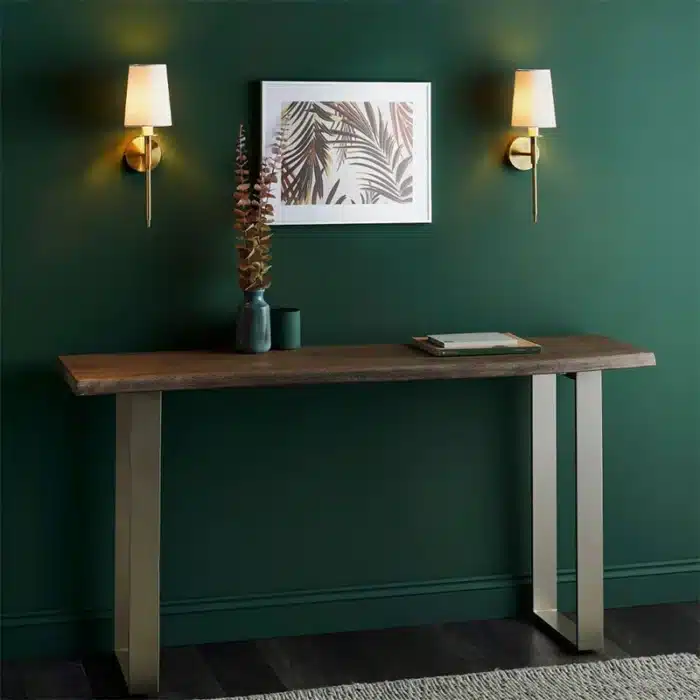 Satin brass wall light with vintage white fabric shade in living room
