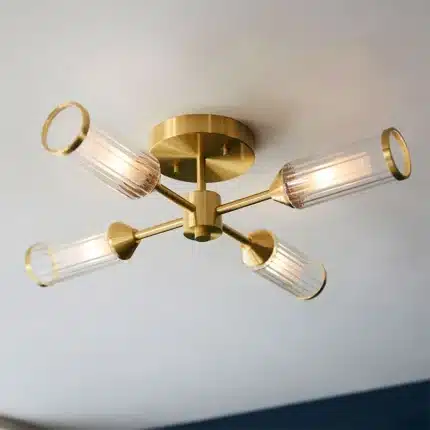Semi flush satin brass ceiling light ribbed glass shade lifestyle