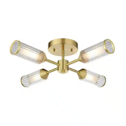 Semi flush satin brass ceiling light ribbed glass shade product image