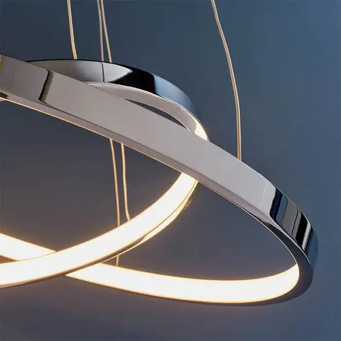 Twin hoop polished chrome LED pendant light side angle